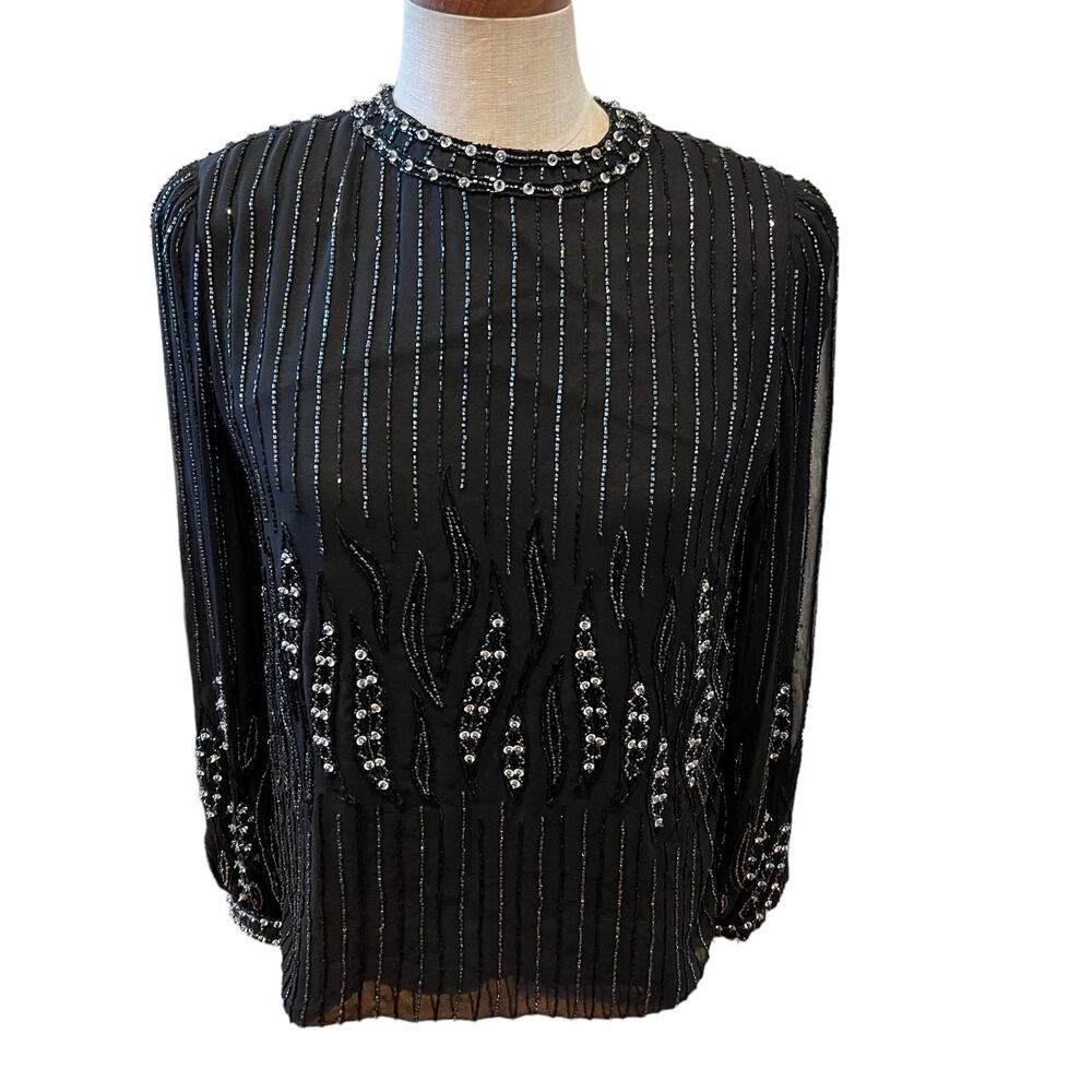 Vintage 80s Silk Beaded Long Sleeve Formal Dressy Top Black 6